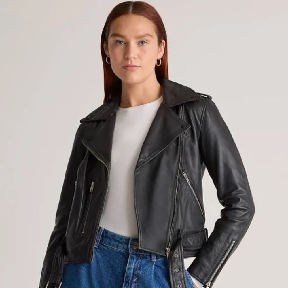 Quince 100% Leather Black Zipper Motorcycle Jacket Size Medium